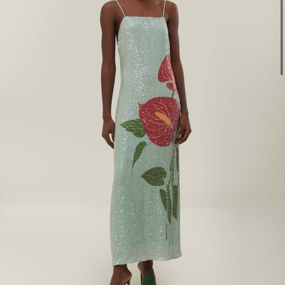 Farm Rio Blue Anthurium Flowers Slip Maxi Dress